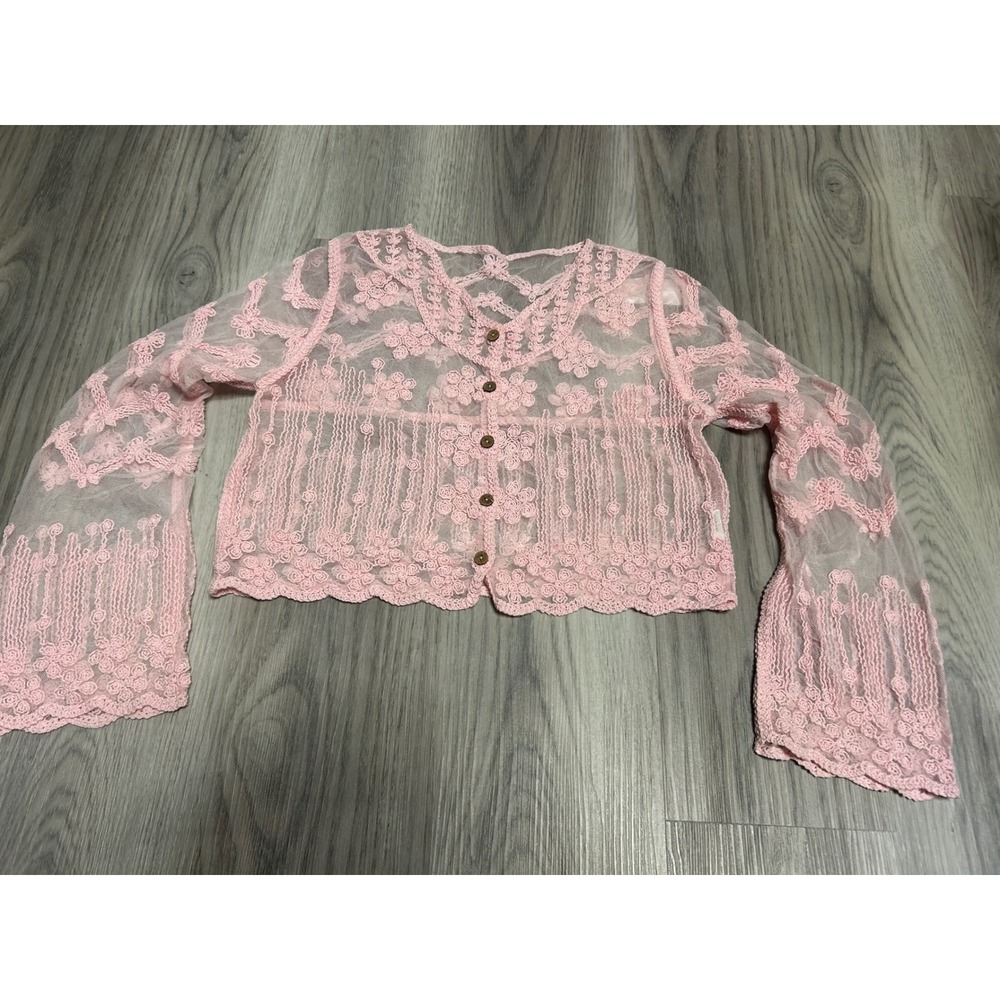 Womens Floral Lace Mesh Cropped Cardigan Shrug cottagecore Pink Embroidered y2k